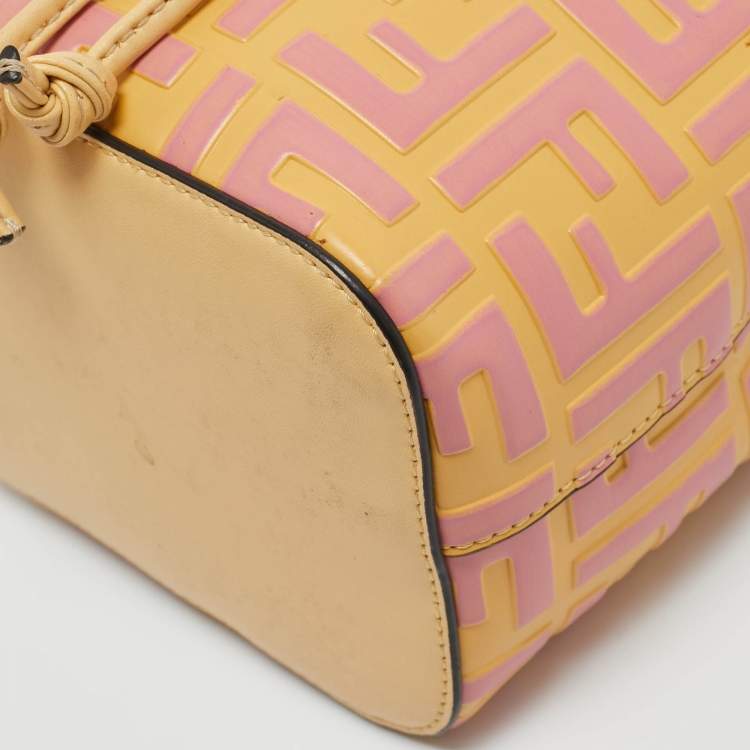 Pre Owned Fendi Pink/Yellow Zucca Leather Mini Mon Tresor Drawstring Bucket Bag