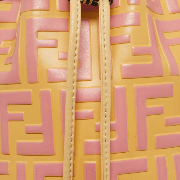 Pre Owned Fendi Pink/Yellow Zucca Leather Mini Mon Tresor Drawstring Bucket Bag