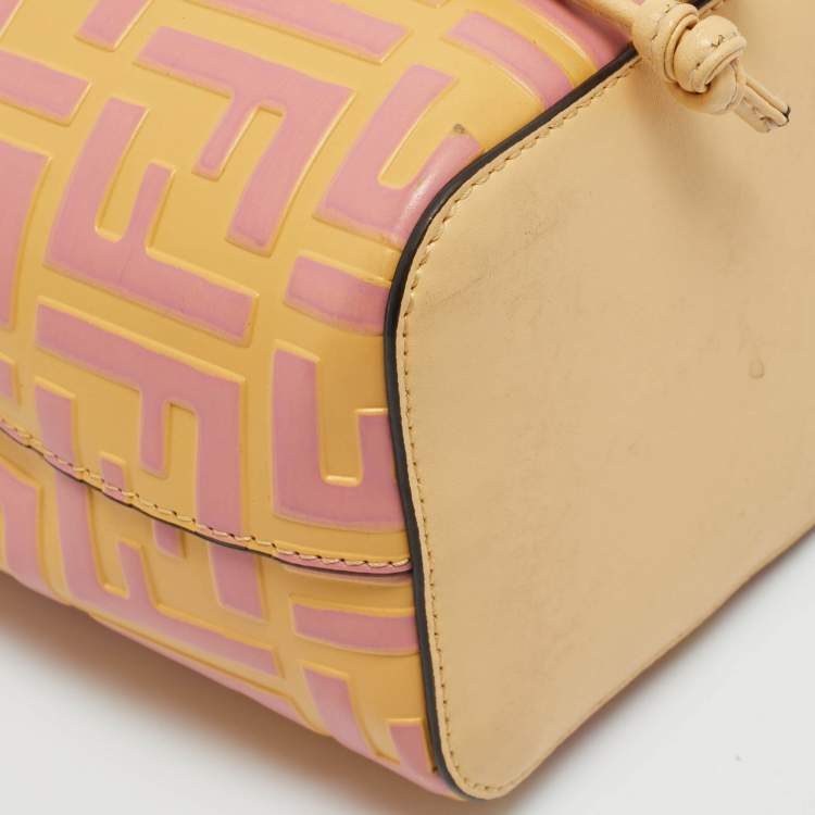 Pre Owned Fendi Pink/Yellow Zucca Leather Mini Mon Tresor Drawstring Bucket Bag