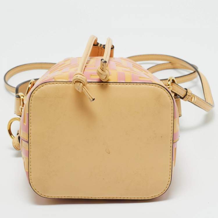 Pre Owned Fendi Pink/Yellow Zucca Leather Mini Mon Tresor Drawstring Bucket Bag