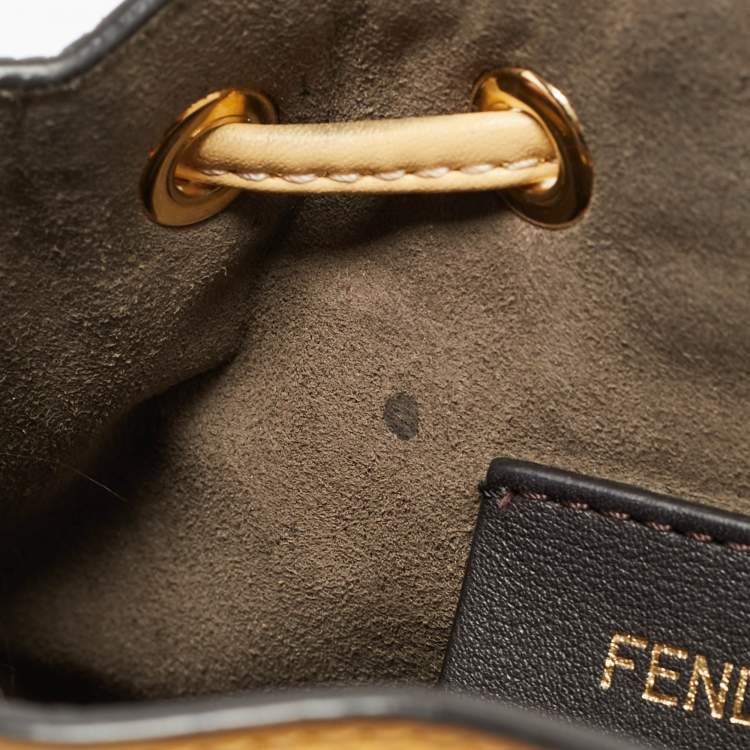 Pre Owned Fendi Pink/Yellow Zucca Leather Mini Mon Tresor Drawstring Bucket Bag