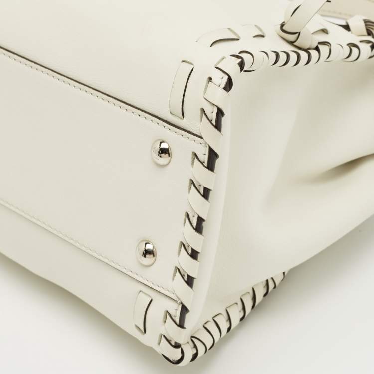 Pre Owned Fendi White Leather Whipstitch Medium Peekaboo Top Handle Bag
