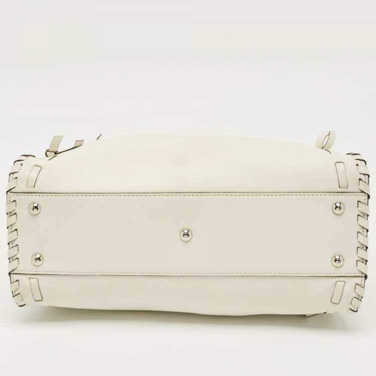 Pre Owned Fendi White Leather Whipstitch Medium Peekaboo Top Handle Bag