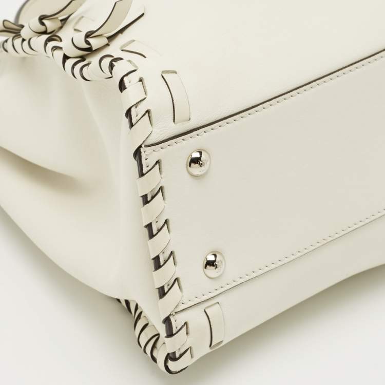 Pre Owned Fendi White Leather Whipstitch Medium Peekaboo Top Handle Bag