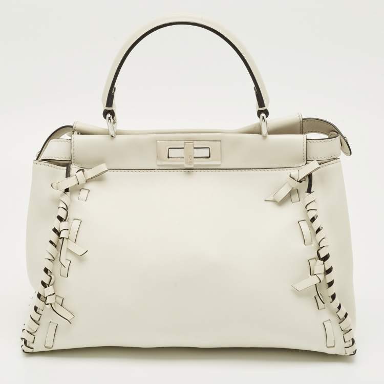 Pre Owned Fendi White Leather Whipstitch Medium Peekaboo Top Handle Bag