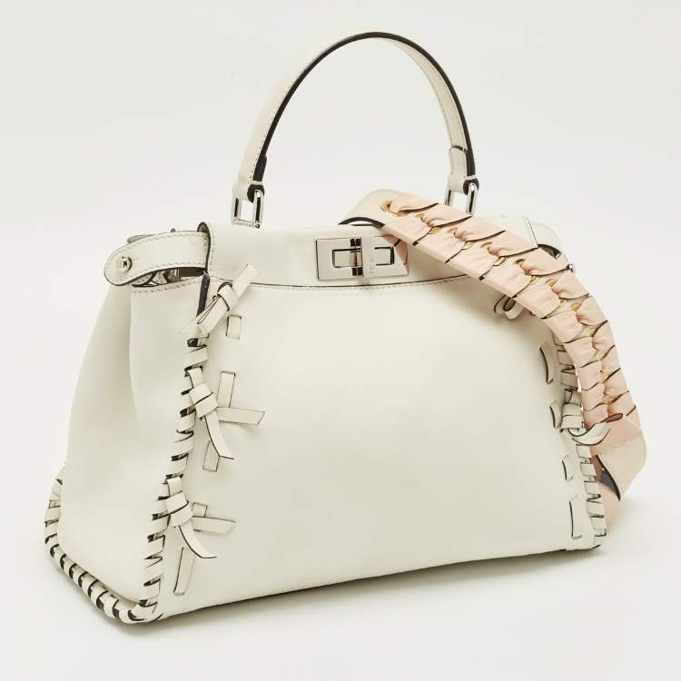 Pre Owned Fendi White Leather Whipstitch Medium Peekaboo Top Handle Bag