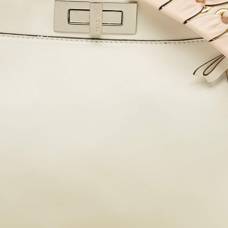 Pre Owned Fendi White Leather Whipstitch Medium Peekaboo Top Handle Bag