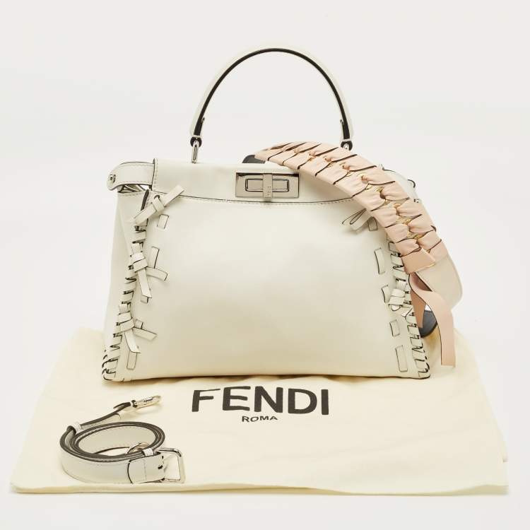 Pre Owned Fendi White Leather Whipstitch Medium Peekaboo Top Handle Bag