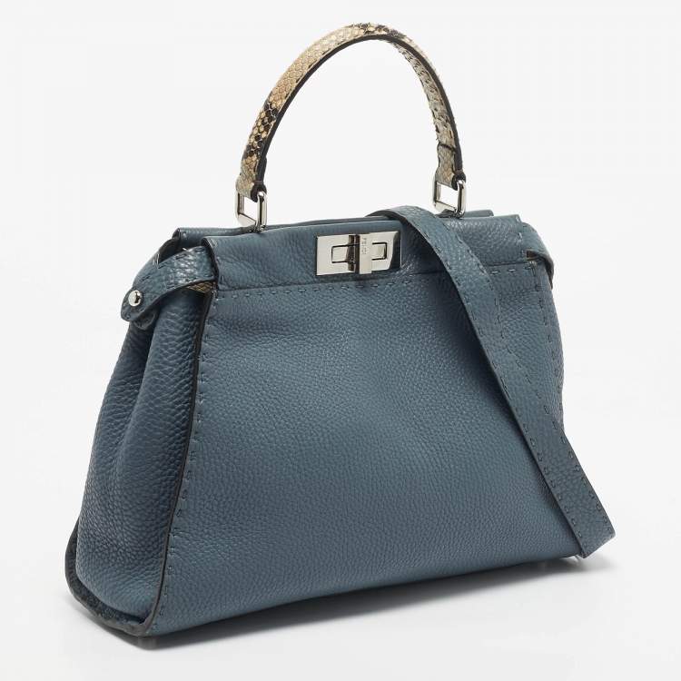 Pre Owned Fendi Blue/Beige Leather and Python Medium Peekaboo Top Handle Bag
