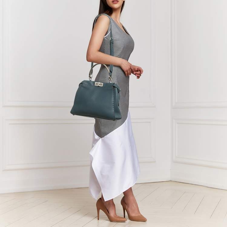 Pre Owned Fendi Blue/Beige Leather and Python Medium Peekaboo Top Handle Bag