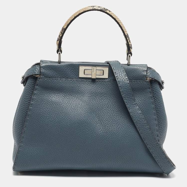 Pre Owned Fendi Blue/Beige Leather and Python Medium Peekaboo Top Handle Bag