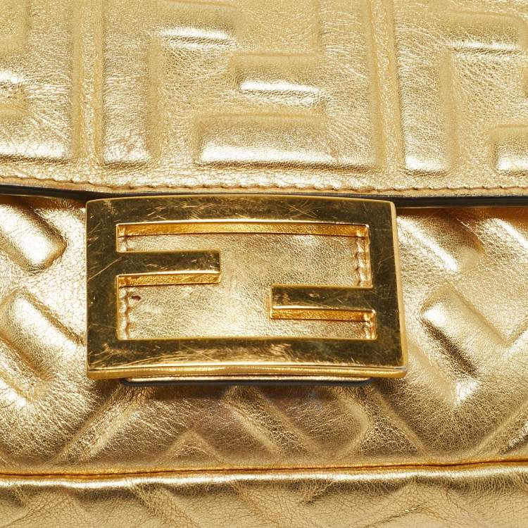 Pre Owned Fendi Gold Zucca Embossed Leather Mini Baguette Chain Bag