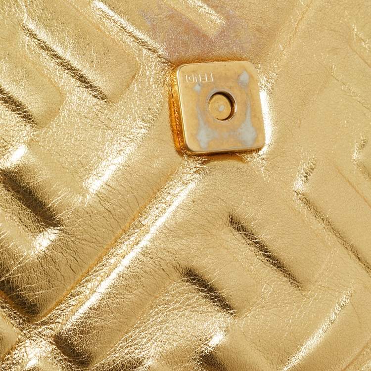 Pre Owned Fendi Gold Zucca Embossed Leather Mini Baguette Chain Bag