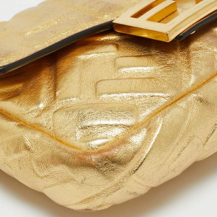 Pre Owned Fendi Gold Zucca Embossed Leather Mini Baguette Chain Bag