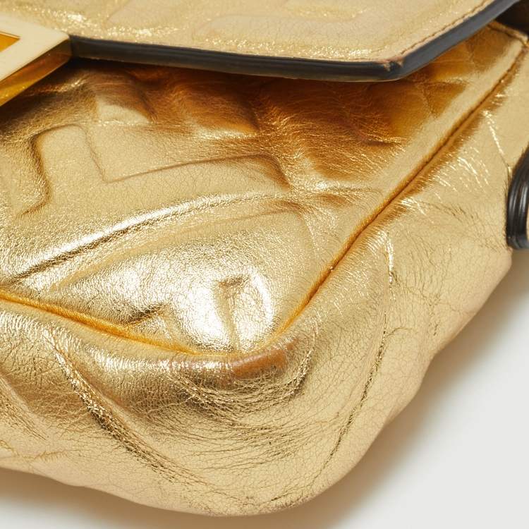 Pre Owned Fendi Gold Zucca Embossed Leather Mini Baguette Chain Bag