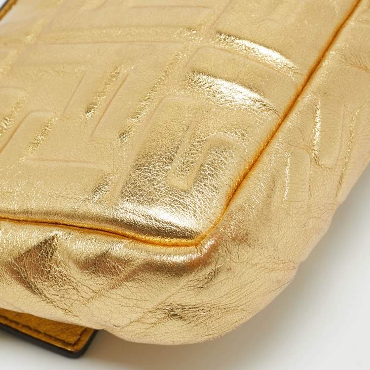Pre Owned Fendi Gold Zucca Embossed Leather Mini Baguette Chain Bag