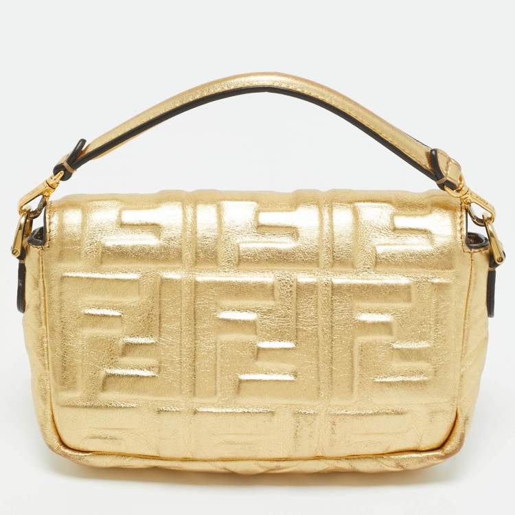 Pre Owned Fendi Gold Zucca Embossed Leather Mini Baguette Chain Bag