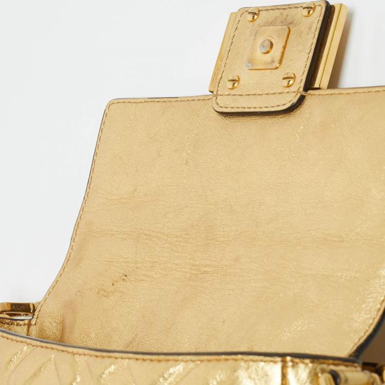 Pre Owned Fendi Gold Zucca Embossed Leather Mini Baguette Chain Bag