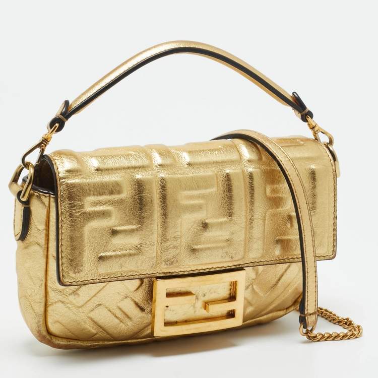 Pre Owned Fendi Gold Zucca Embossed Leather Mini Baguette Chain Bag