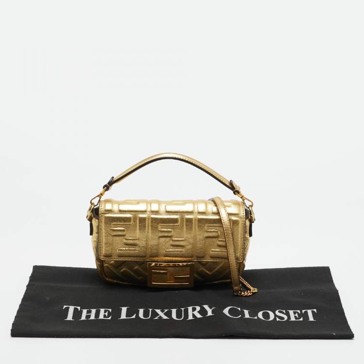 Pre Owned Fendi Gold Zucca Embossed Leather Mini Baguette Chain Bag