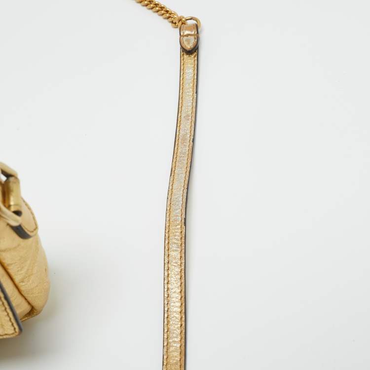 Pre Owned Fendi Gold Zucca Embossed Leather Mini Baguette Chain Bag