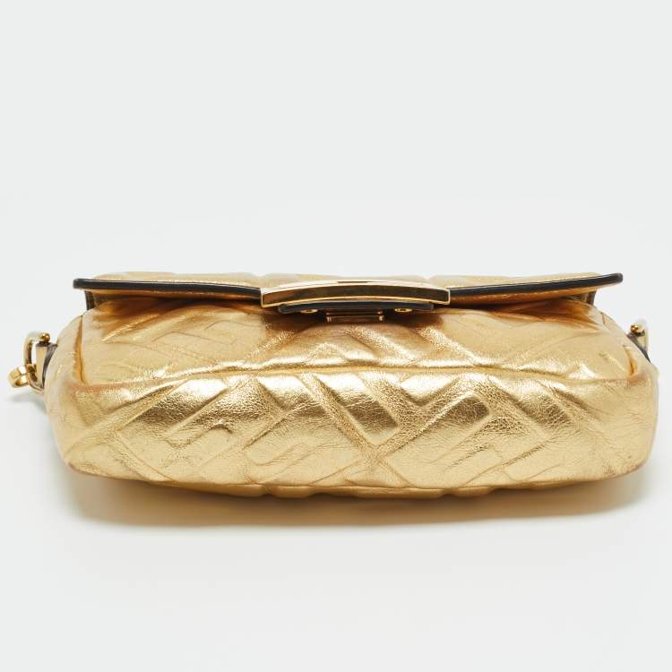 Pre Owned Fendi Gold Zucca Embossed Leather Mini Baguette Chain Bag