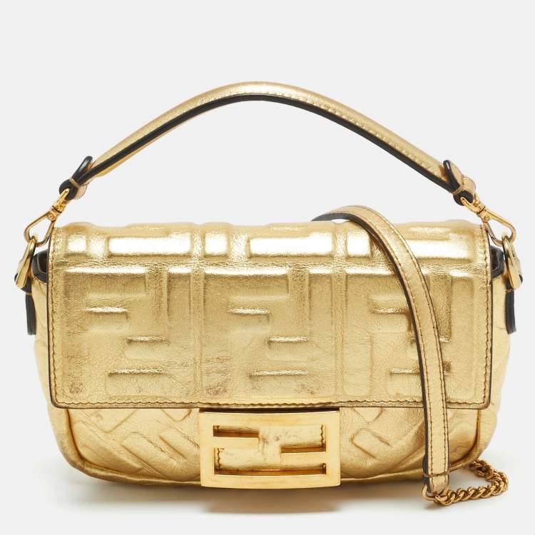 Pre Owned Fendi Gold Zucca Embossed Leather Mini Baguette Chain Bag