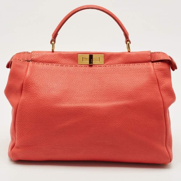 Pre Owned Fendi Coral Orange Selleria Leather Large Peekaboo Tote