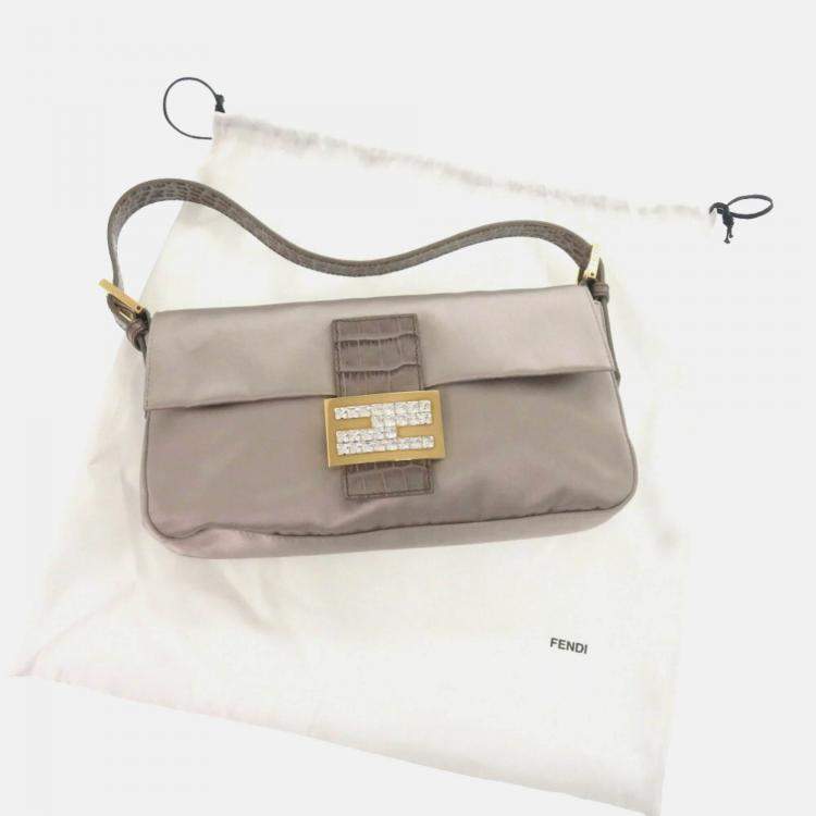 Pre Owned Fendi Mamma Gray Satin and Leather Shoulder Bag