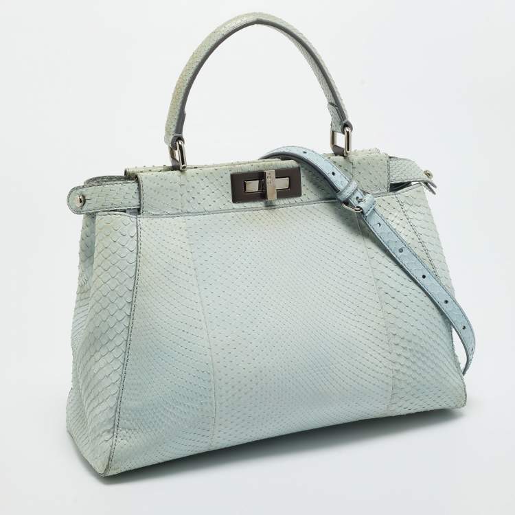 Pre Owned Fendi Light Blue Python Regular Peekaboo Top Handle Bag