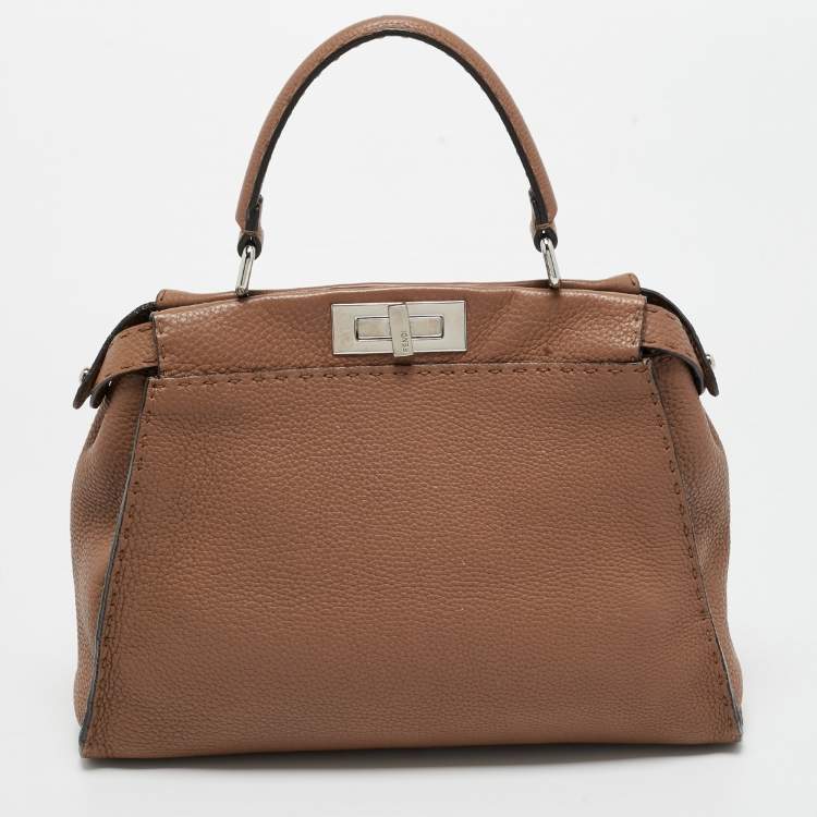 Pre Owned Fendi Brown Leather Medium Peekaboo Top Handle Bag