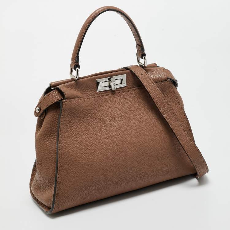 Pre Owned Fendi Brown Leather Medium Peekaboo Top Handle Bag
