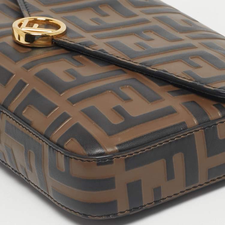 Pre Owned Fendi Tobacco/Black Zucca Embossed Leather Small FF Wallet On Chain