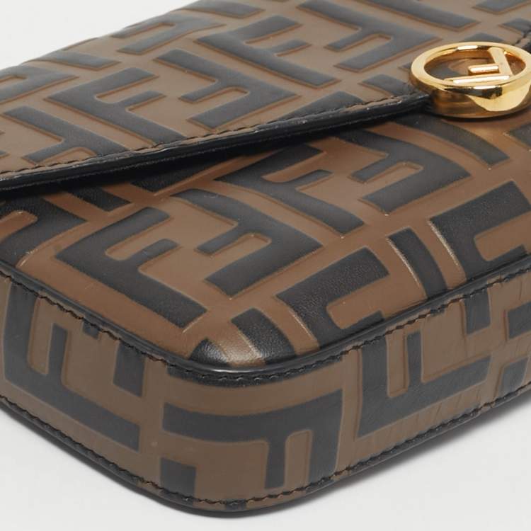 Pre Owned Fendi Tobacco/Black Zucca Embossed Leather Small FF Wallet On Chain
