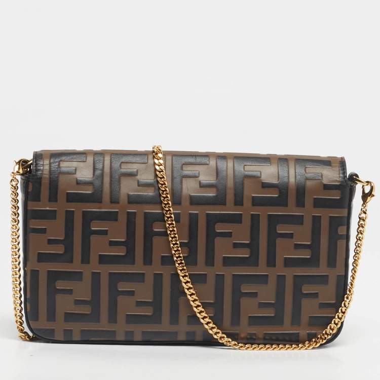 Pre Owned Fendi Tobacco/Black Zucca Embossed Leather Small FF Wallet On Chain