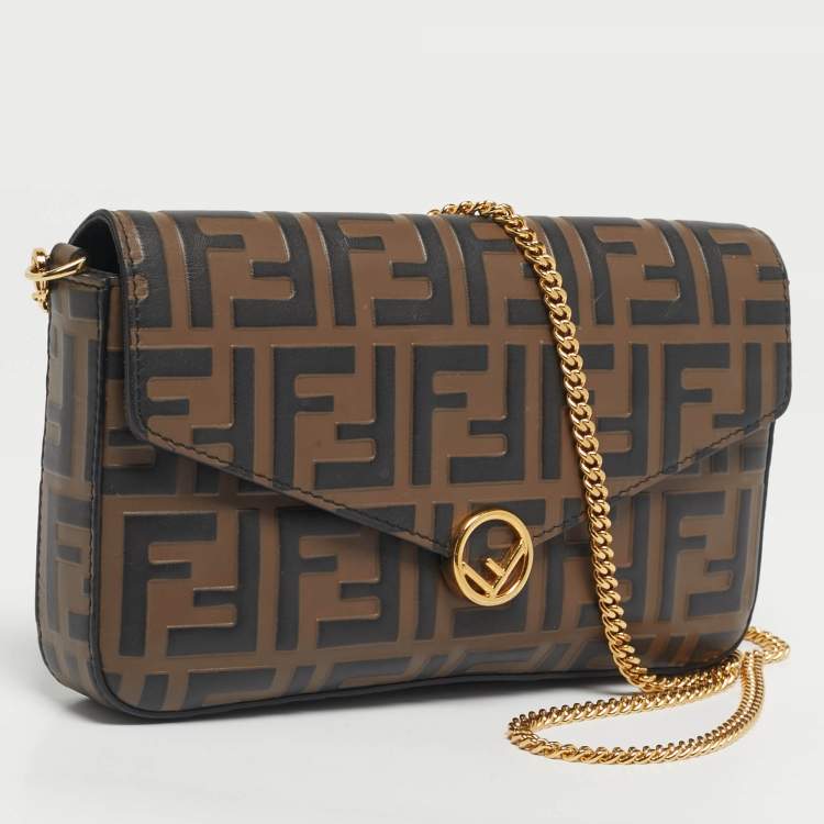 Pre Owned Fendi Tobacco/Black Zucca Embossed Leather Small FF Wallet On Chain