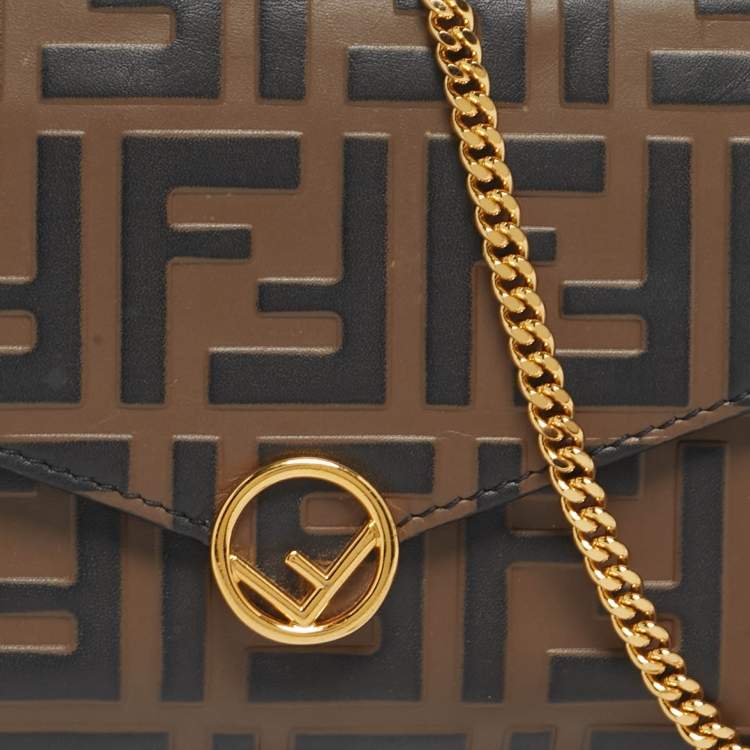 Pre Owned Fendi Tobacco/Black Zucca Embossed Leather Small FF Wallet On Chain
