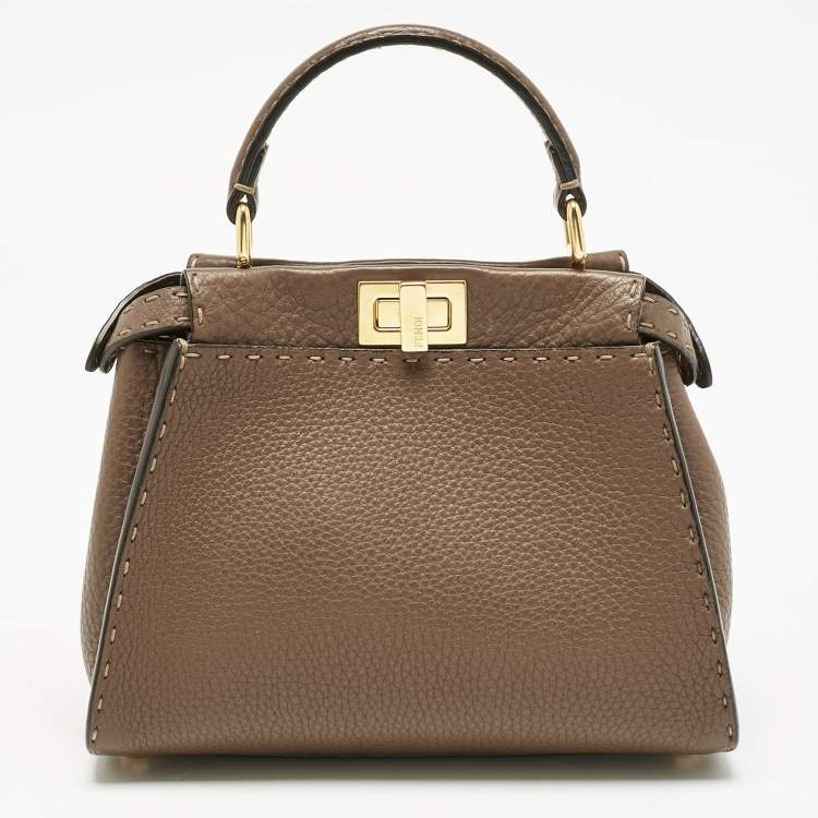 Pre Owned Fendi Brown Selleria Leather Mini Peekaboo Top Handle Bag