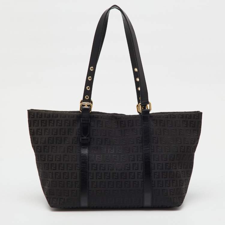 Pre Owned Fendi Black Zucchino Canvas and Leather Superstar Shopper Tote