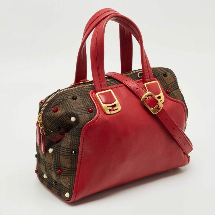 Pre Owned Fendi Red/Tobacco Leather and Fabric Small Studded Chameleon Satchel