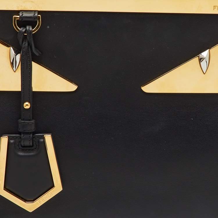 Pre Owned Fendi Black Leather Century Metal Monster Eyes Petite 2Jours Tote