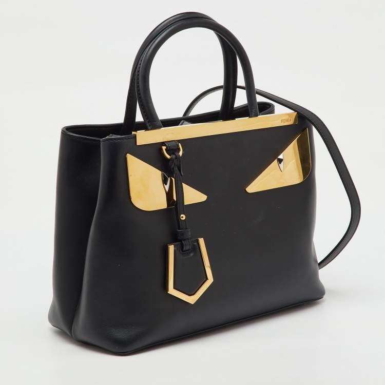 Pre Owned Fendi Black Leather Century Metal Monster Eyes Petite 2Jours Tote