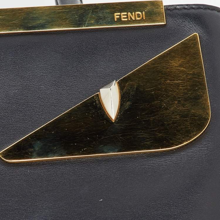 Pre Owned Fendi Black Leather Century Metal Monster Eyes Petite 2Jours Tote