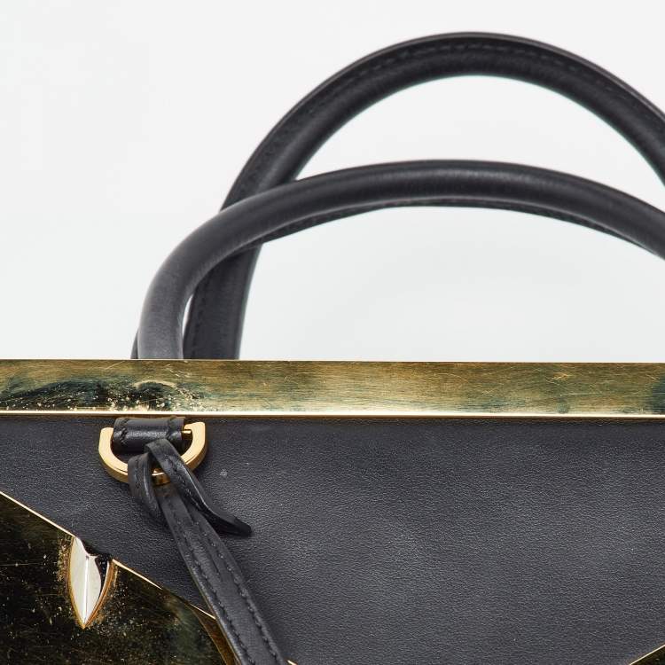 Pre Owned Fendi Black Leather Century Metal Monster Eyes Petite 2Jours Tote