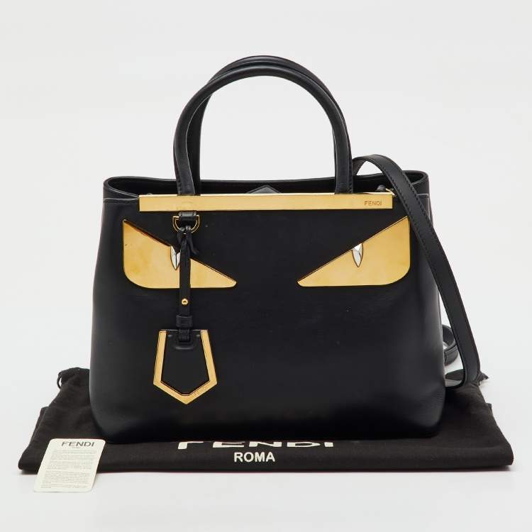 Pre Owned Fendi Black Leather Century Metal Monster Eyes Petite 2Jours Tote