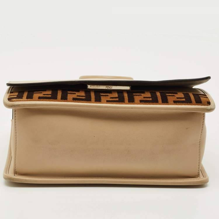 Pre Owned Fendi Beige/Brown Leather and FF Velvet Kan I F Logo Top Handle Bag