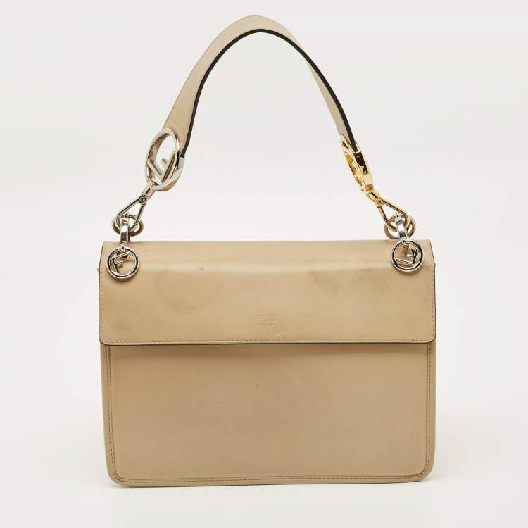 Pre Owned Fendi Beige/Brown Leather and FF Velvet Kan I F Logo Top Handle Bag