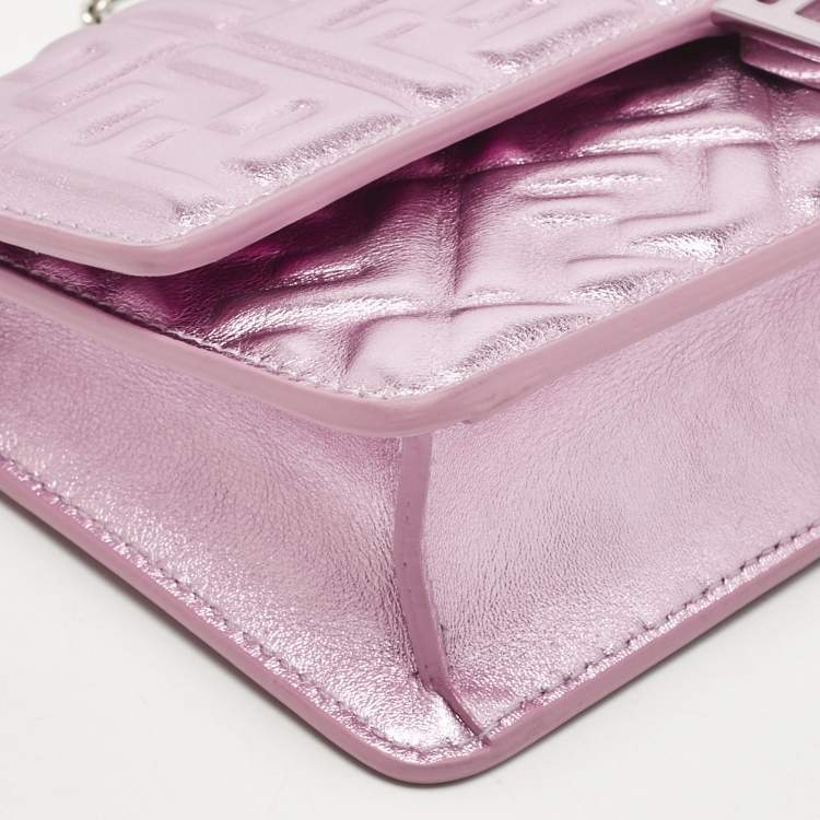 Pre Owned Fendi Metallic Pink Zucca Embossed Leather Baguette Wallet on Chain
