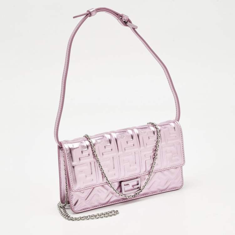 Pre Owned Fendi Metallic Pink Zucca Embossed Leather Baguette Wallet on Chain
