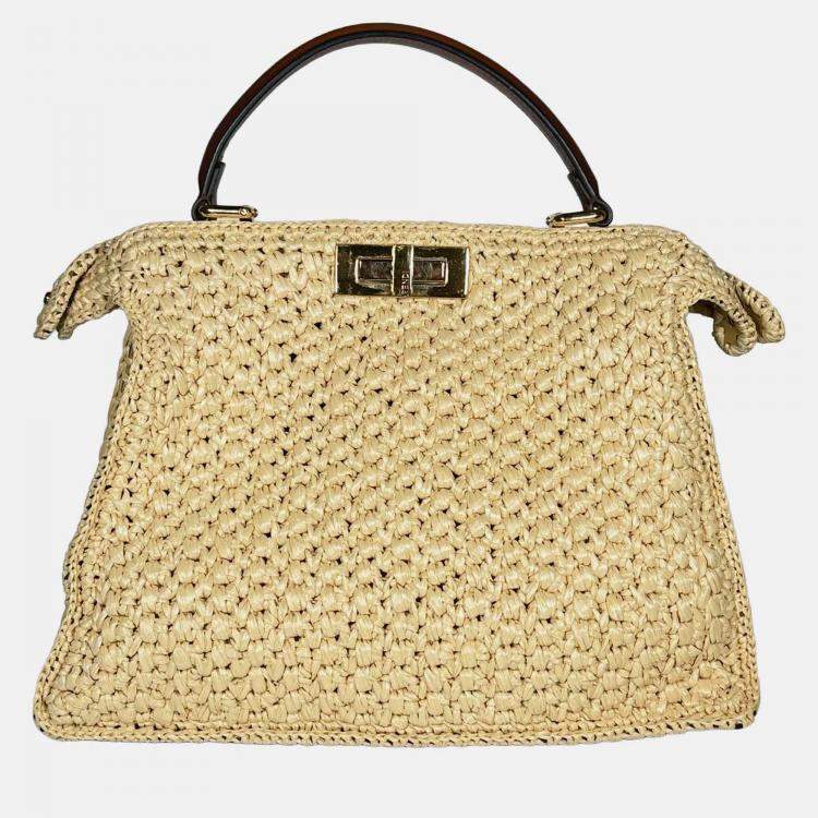 Pre Owned Fendi ISeeU Palm Medium Woven Raffia Peekaboo Bag